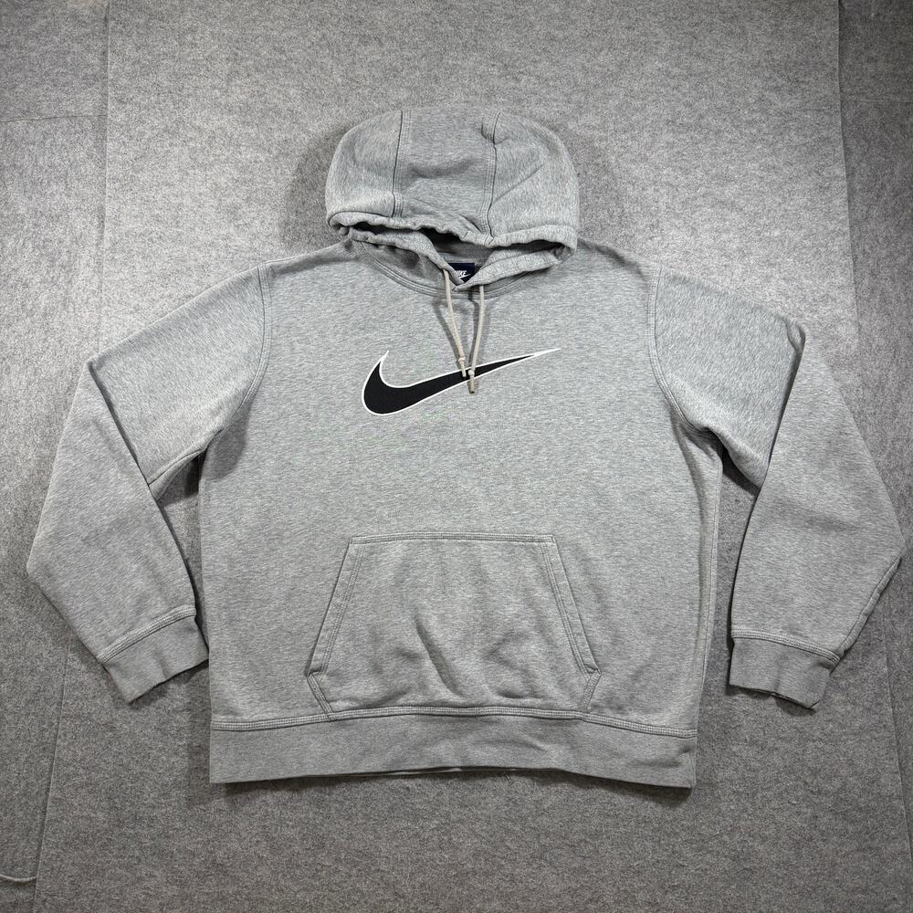 Nike Hoodie Mens L Gray Heavyweight Fleece Pullover Drawstring Center Swoosh